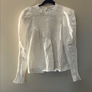 Sea New York White Blouse with Ruffled Bib Collar and Bishop Sleeves
